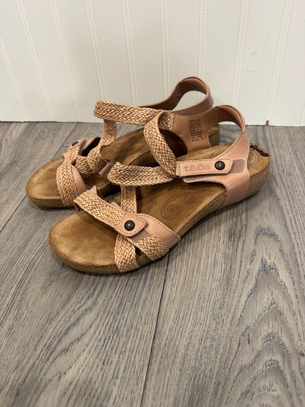 Taos Sandals 8 8.5 EU 40 Trulie Tan Weave Leather Cork Comfort Wedge Spain